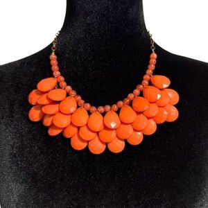 Vintage Coral Orange Layered Bib Statement Necklace with Teardrop Beads